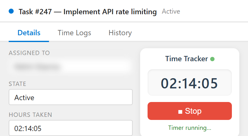 Time Tracker timer widget running inside an Azure DevOps work item